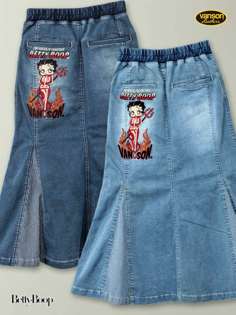 ≪アウトレットセール：50%OFF≫【VANSON×BETTY BOOP】“デビルベティ”総刺繍ストレッチデニム切替ロングスカート〔別注〕≪返品・取寄対応不可≫  | 流儀圧搾 ONLINE SHOP【流儀圧搾／METHOD 公式通販】