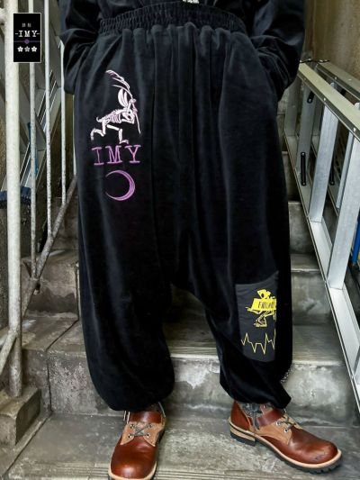 ≪55%OFF≫【雅結 -IMY-】<br>“レントゲン鳥獣戯画”ちりめん切替ベロア素材サルエルパンツ≪返品・取寄対応不可≫