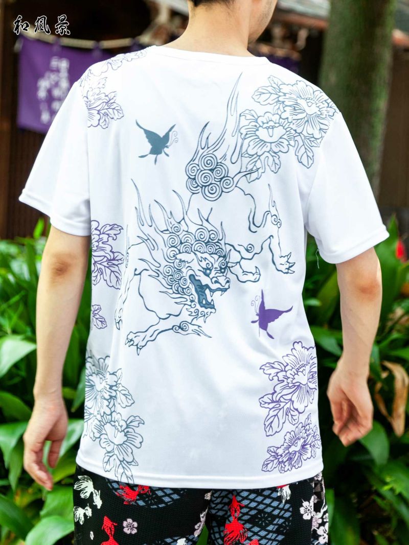 【新主己】“獅子と蝶”プリントDRY素材Tシャツ