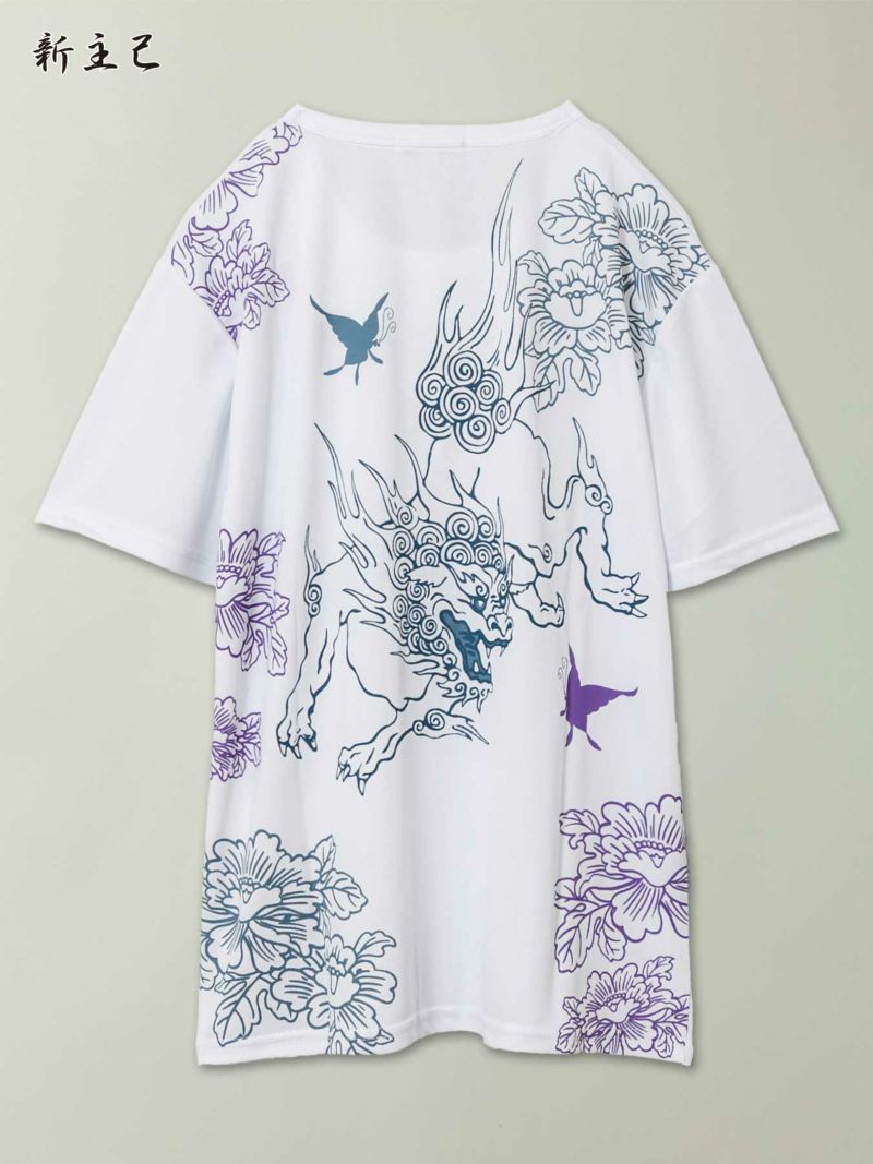 【新主己】“獅子と蝶”プリントDRY素材Tシャツ
