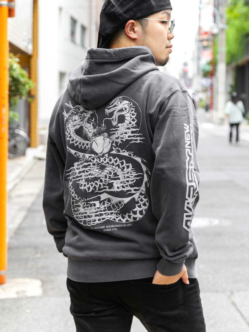 【AVIREX】“DRAGON & SNAKE”FADE WASH PRINT SWEAT PULL PARKA〔LIMITED〕