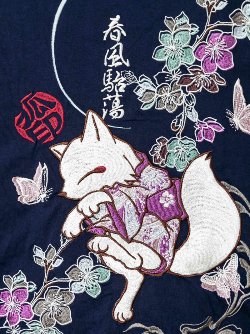 【今昔 -KON-JAKU-】“着物狐”総刺繍ロングZIPパーカー〔別注〕