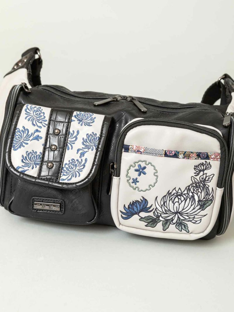 【雅結】菊刺繍 配色切替2ポケット横型ボディバッグ