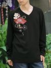 【雅結】桜×菊扇刺繍 テレコ素材VネックロンT