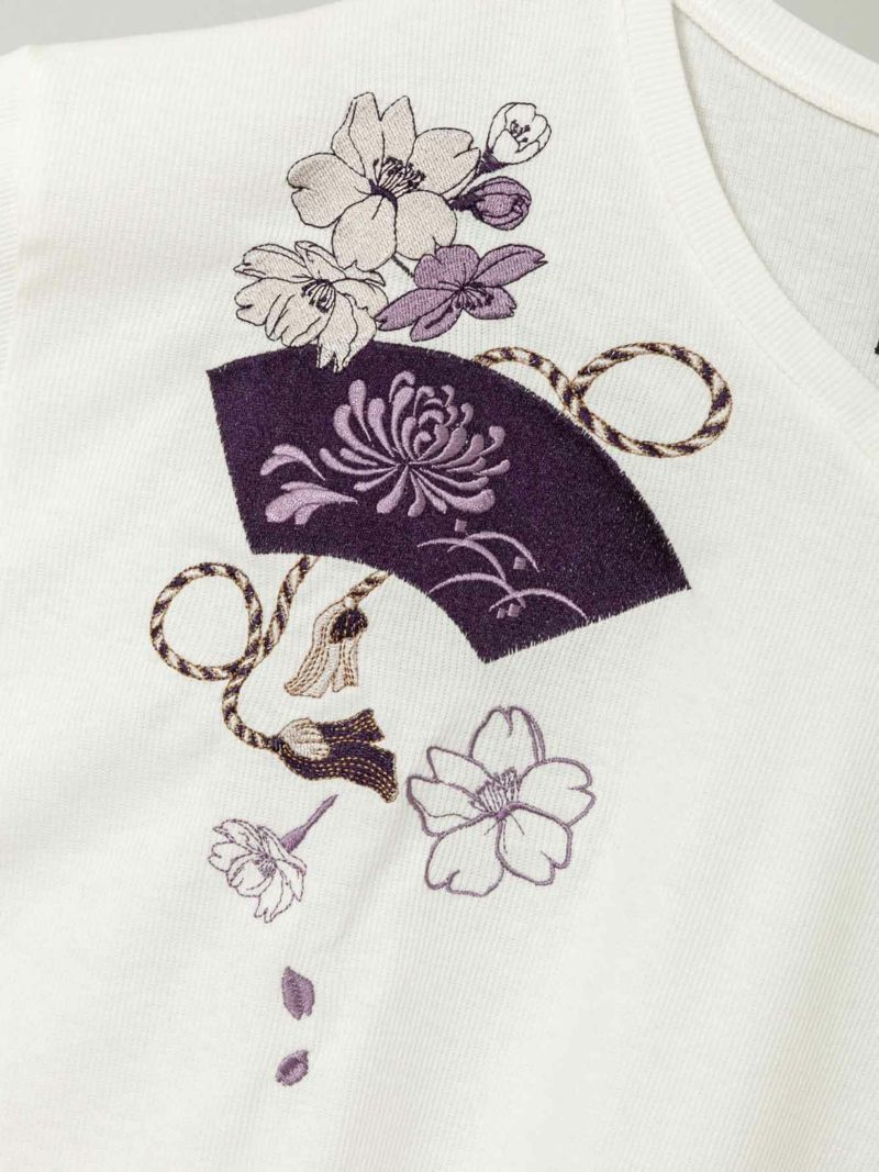 【雅結】桜×菊扇刺繍 テレコ素材VネックロンT