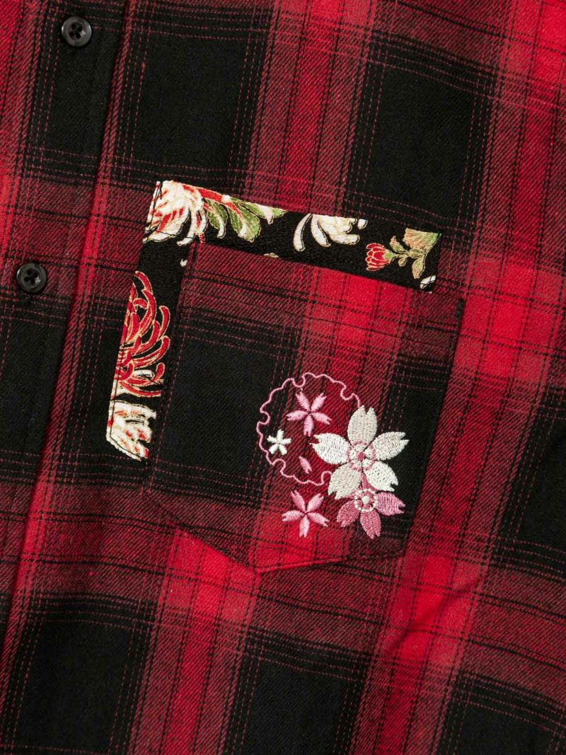 【雅結】桜刺繍 和生地遣いネルチェックシャツ