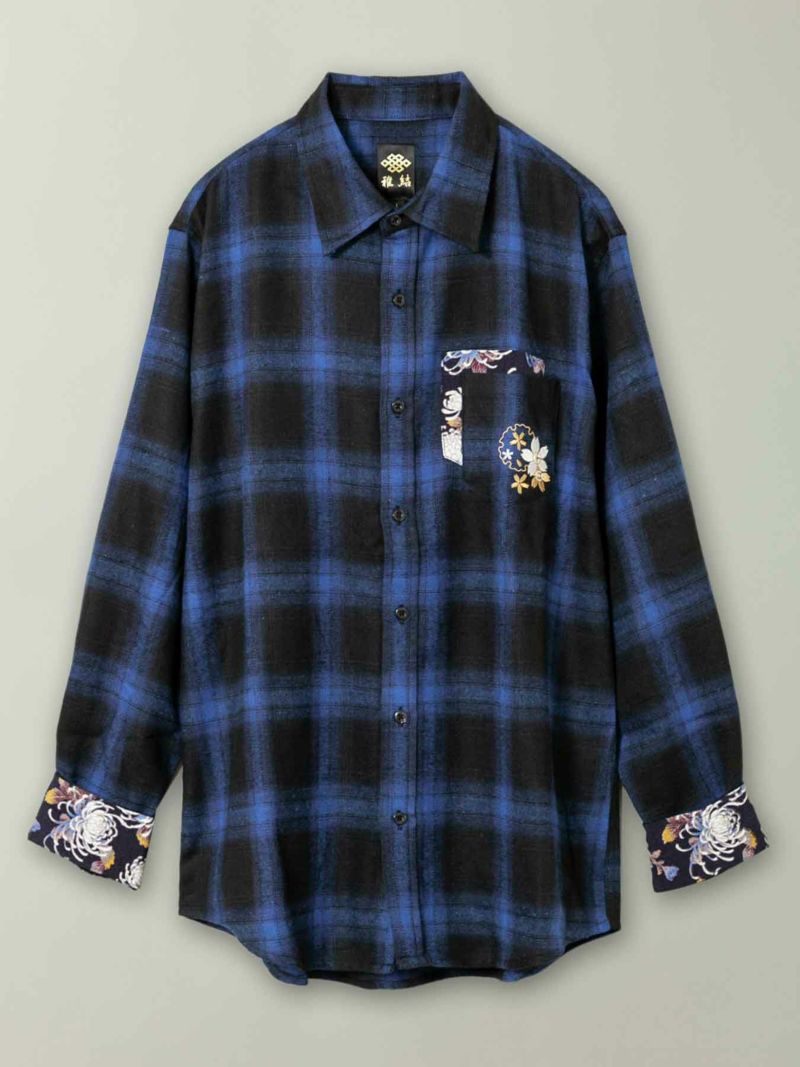 【雅結】桜刺繍 和生地遣いネルチェックシャツ
