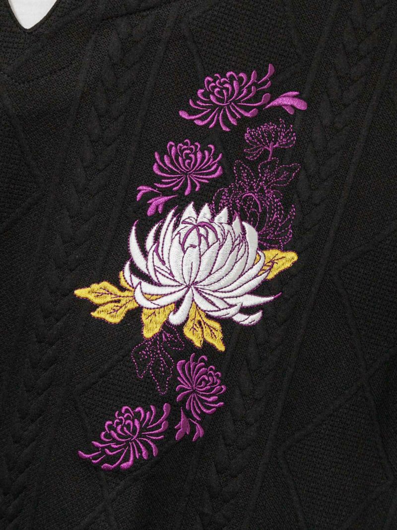 【雅結】菊刺繍ふくれジャガード素材フェイクレイヤード キーネックロンT