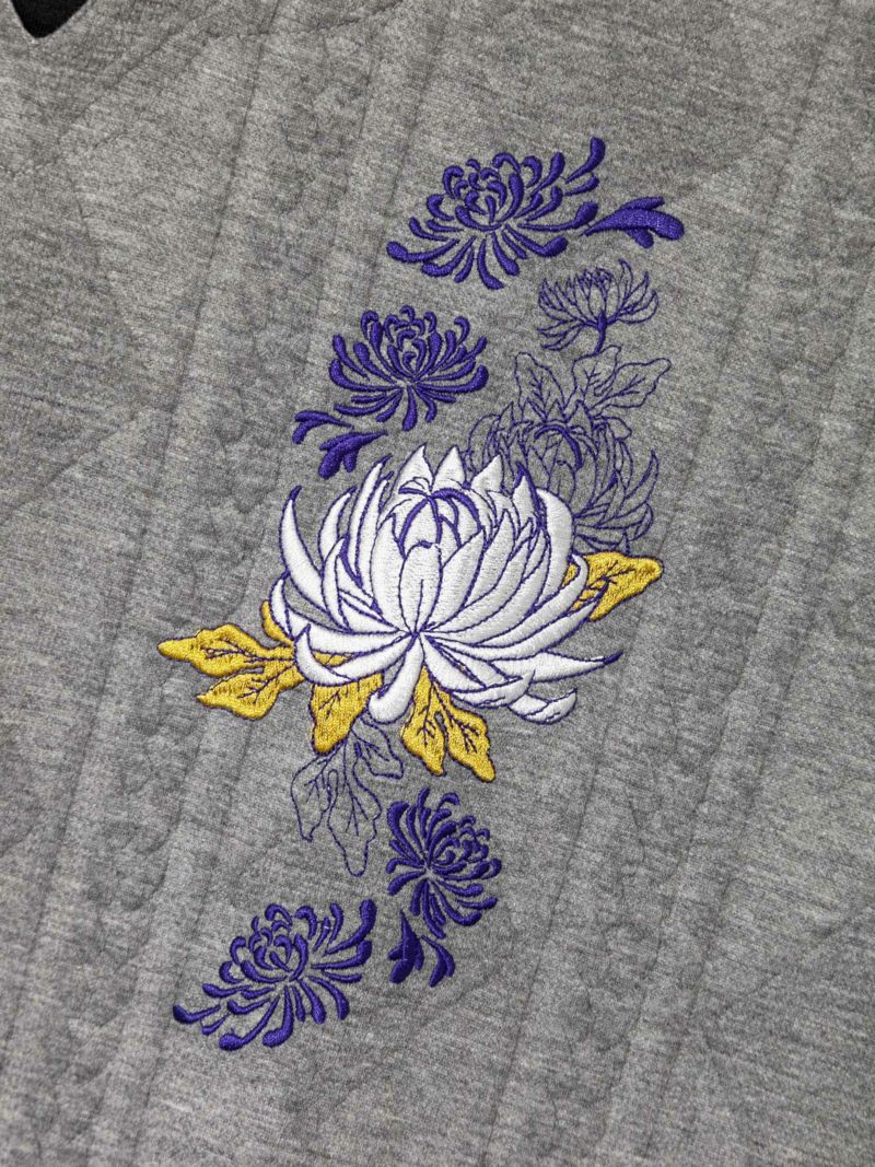 【雅結】菊刺繍ふくれジャガード素材フェイクレイヤード キーネックロンT