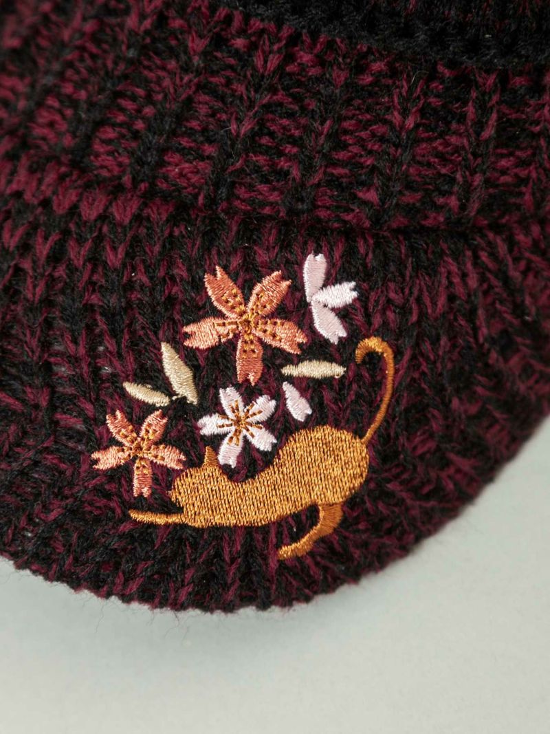 【雅結】桜×猫刺繍 ツバ付きニット帽