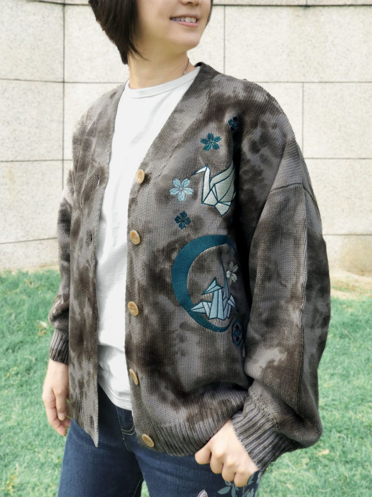 【雅結】折り鶴刺繍 タイダイ染めニットカーディガン