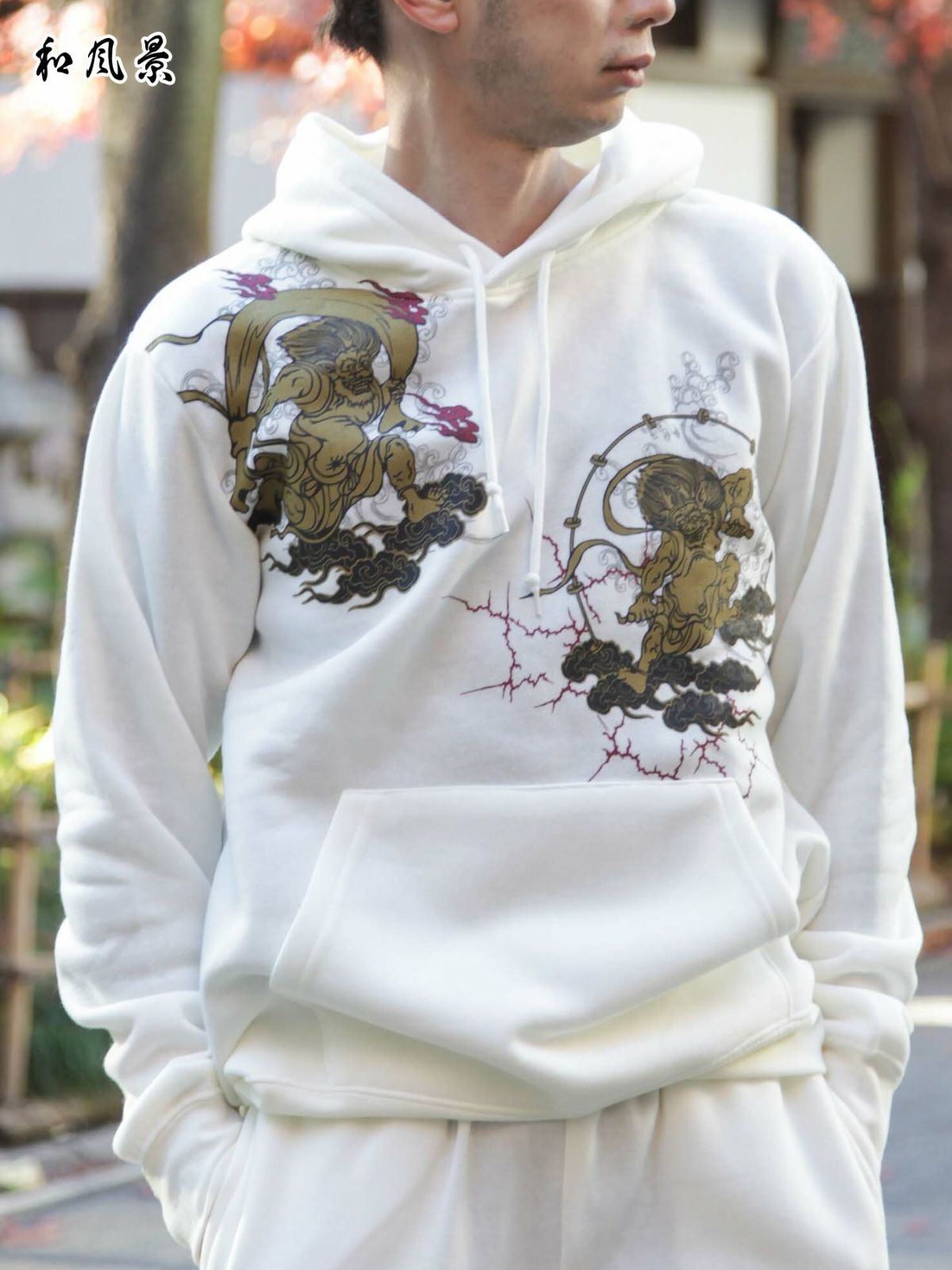 【和風景】“風神雷神”プリント入り裏起毛プルパーカー