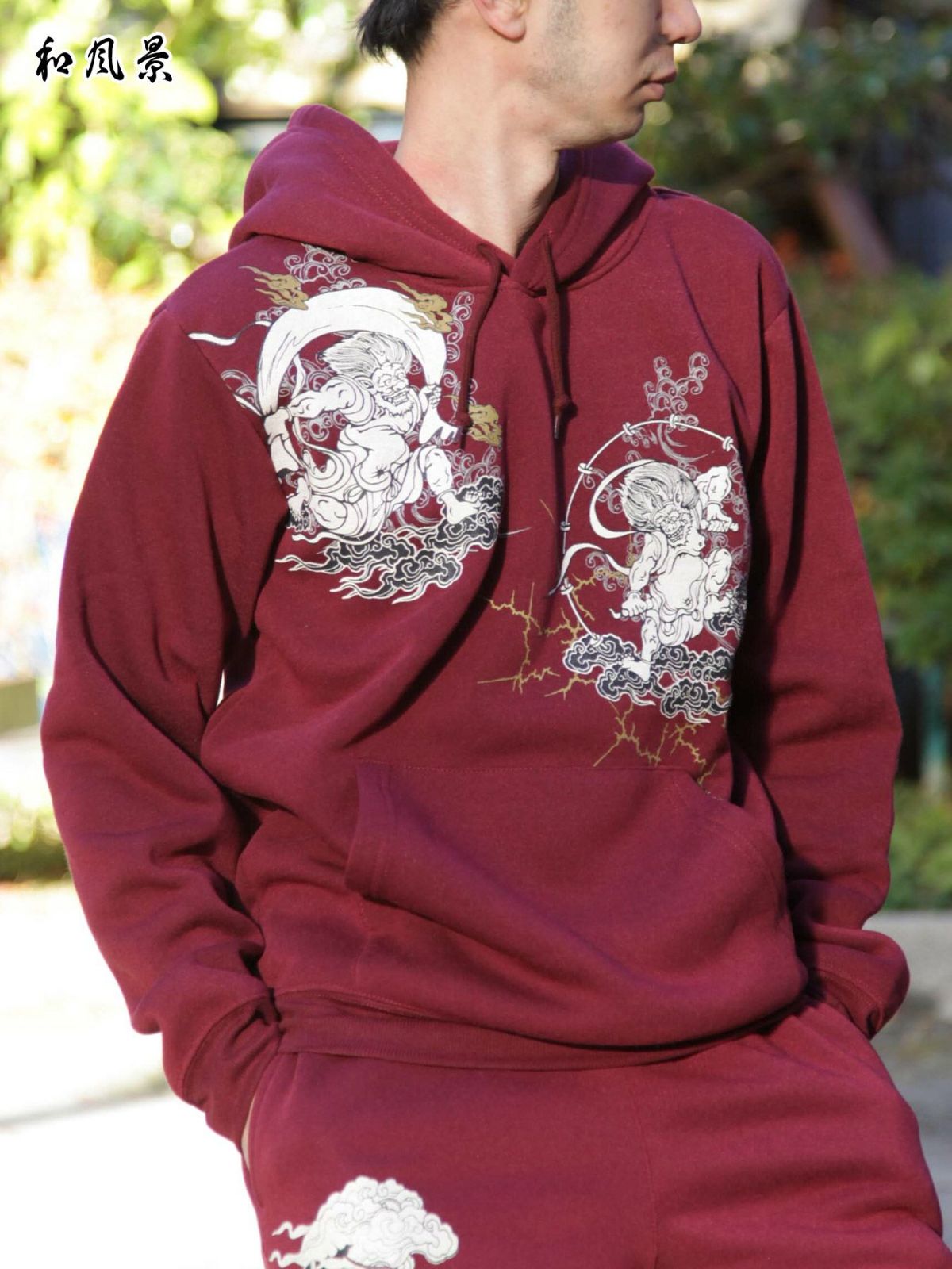 【和風景】“風神雷神”プリント入り裏起毛プルパーカー