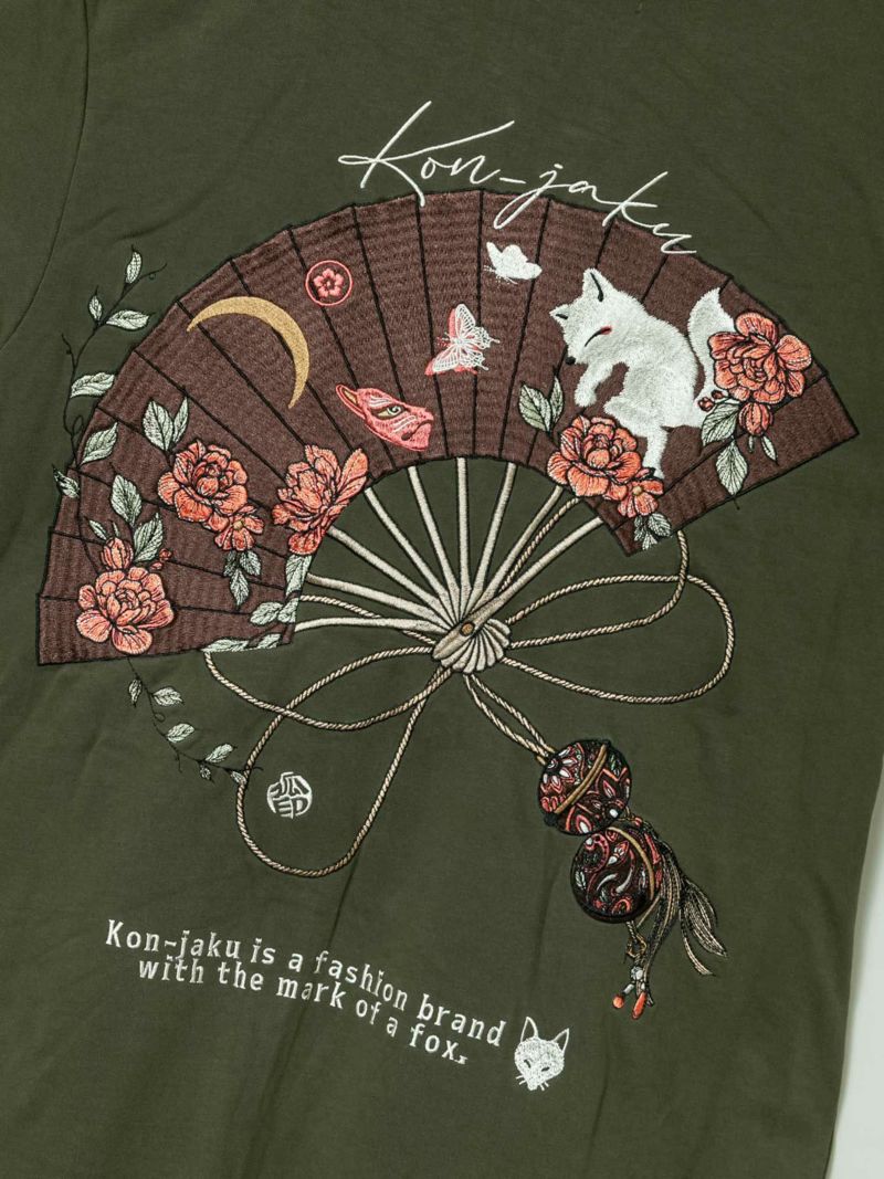 【今昔 -KON-JAKU-】“牡丹柄の扇子”総刺繍カットソー素材モッズパーカー