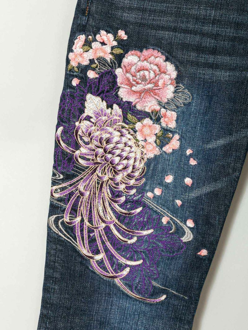 【絡繰魂】百花刺繍ストレッチデニムパンツ〔別注〕