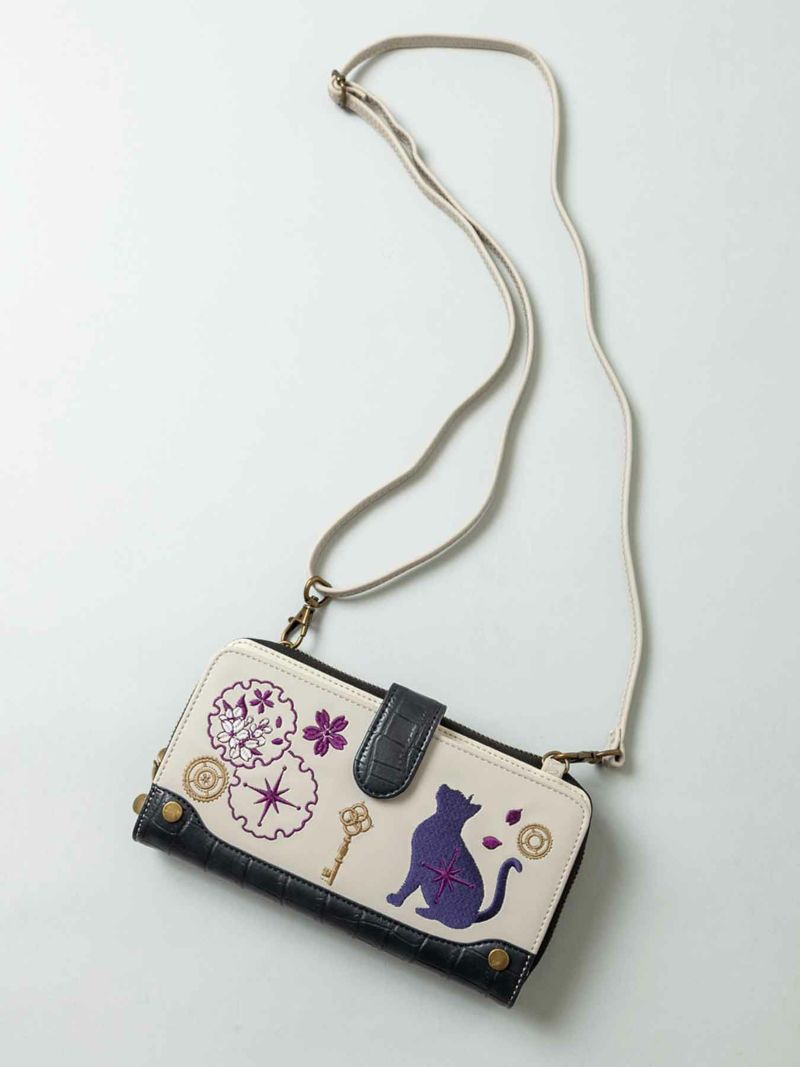 【雅結 -YuU-】猫と歯車刺繍 2WAYウォレットショルダーバッグ