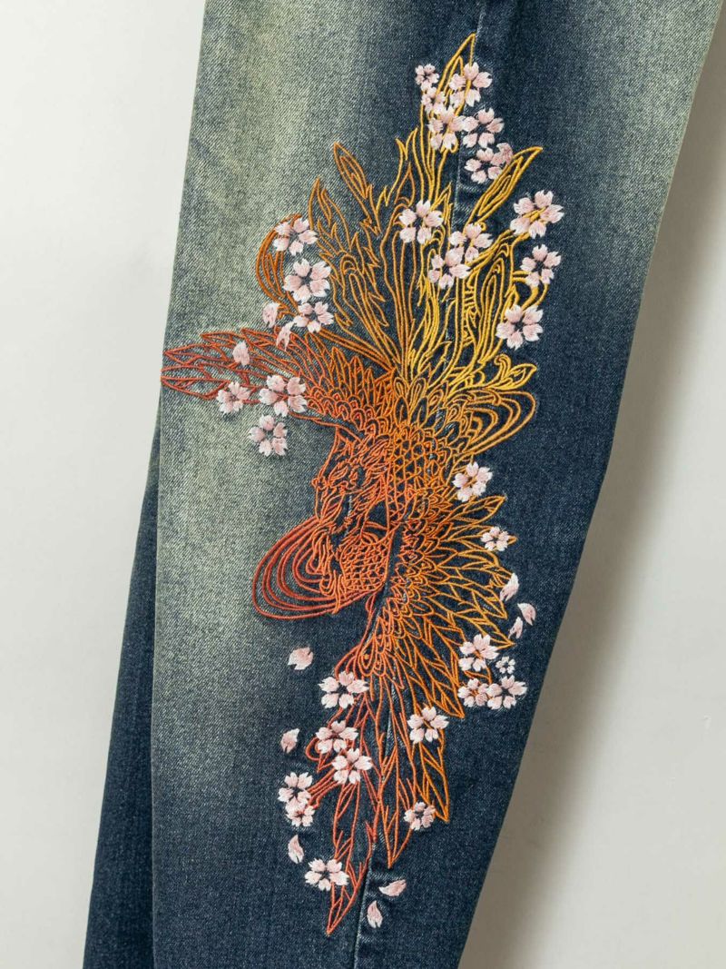 【雅結】グラデーション鳳凰刺繍 ちりめん切替ストレッチデニムパンツ