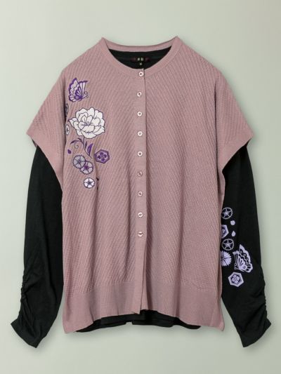 ≪49%OFF≫【雅結】<br>牡丹と蝶刺繍ニットベストカーディガン×ロンTアンサンブル≪返品・取寄対応不可≫