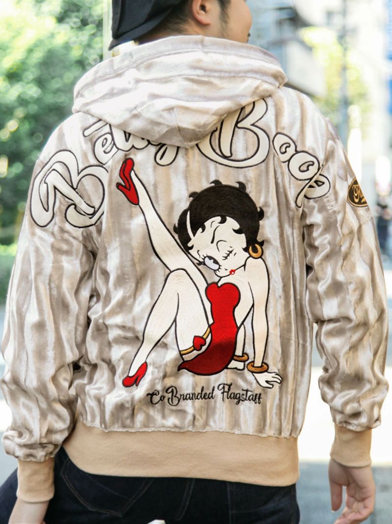 【FLAGSTAFF×BETTY BOOP】“ベティ＆パジー”総刺繍ベルボア素材ZIPパーカー