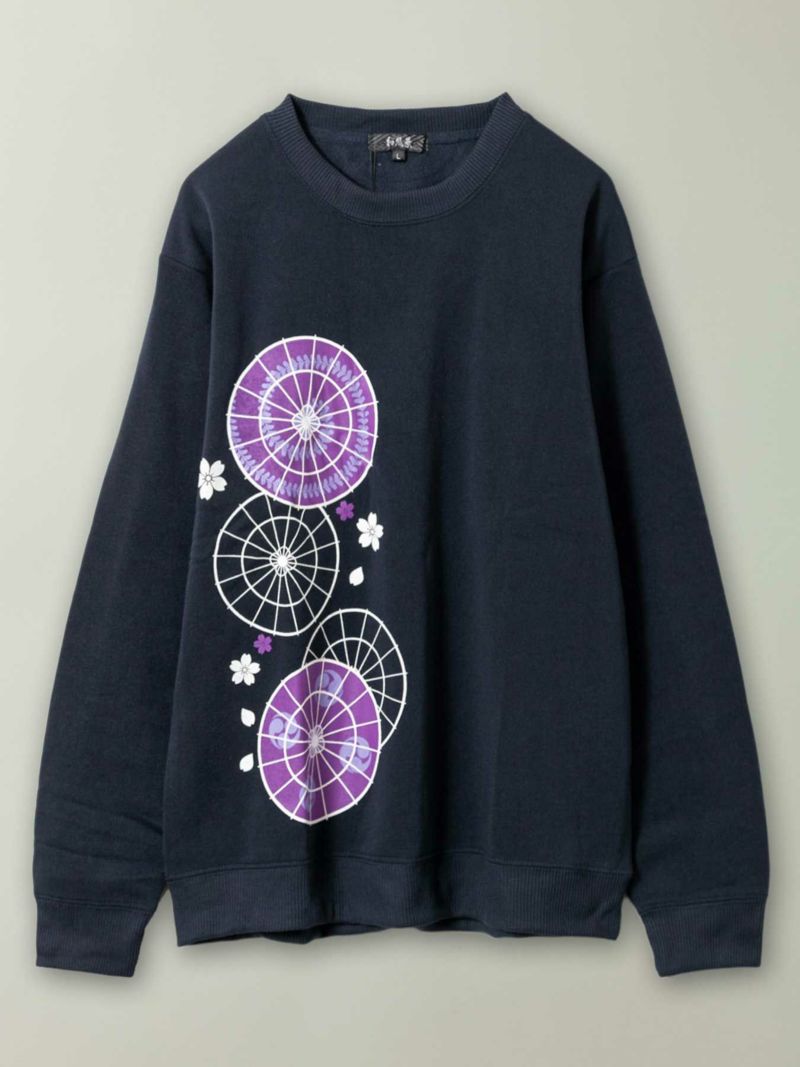 【和風景】“番傘と桜”プリント入り裏起毛トレーナー