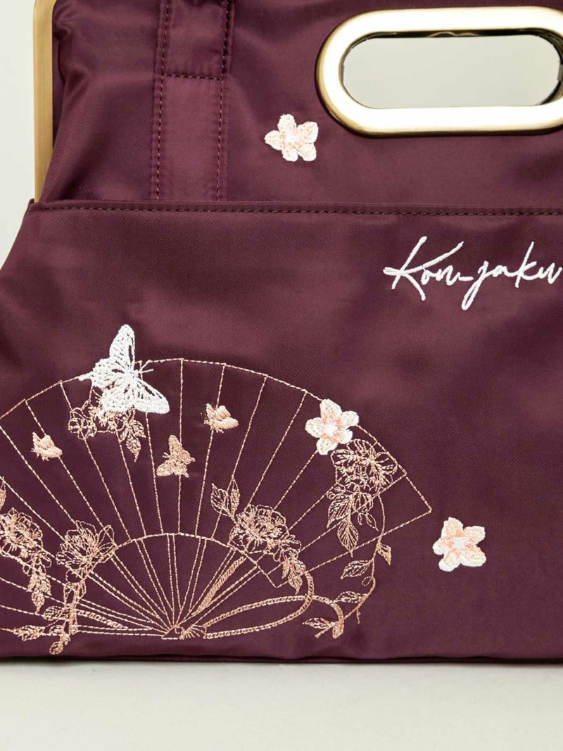 【今昔 -KON-JAKU-】“扇と桜”総刺繍2WAYがま口トートバッグ