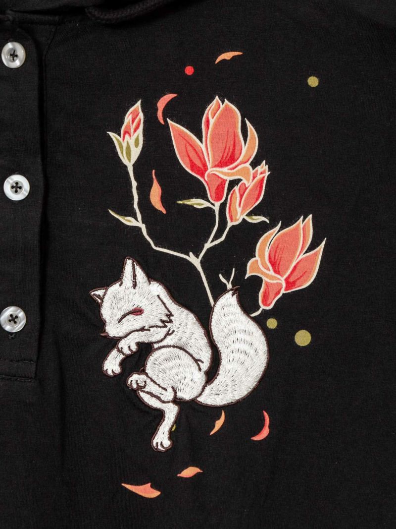 【今昔 -KON-JAKU-】“狐と木蓮の花に蝶が舞う”総刺繍7分袖ヘンリーネックプルパーカー
