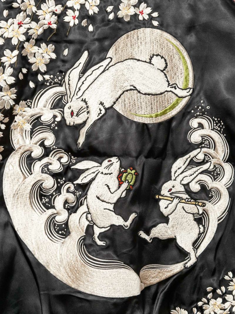【百花繚乱】“枝垂れ桜と月兎”総刺繍リバーシブルスカジャン