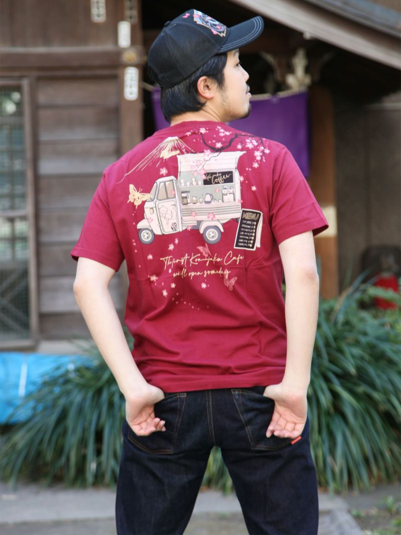 【今昔 -KON-JAKU-】“狐印のコーヒーカー”刺繍入りプリントTシャツ