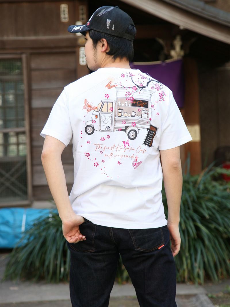【今昔 -KON-JAKU-】“狐印のコーヒーカー”刺繍入りプリントTシャツ