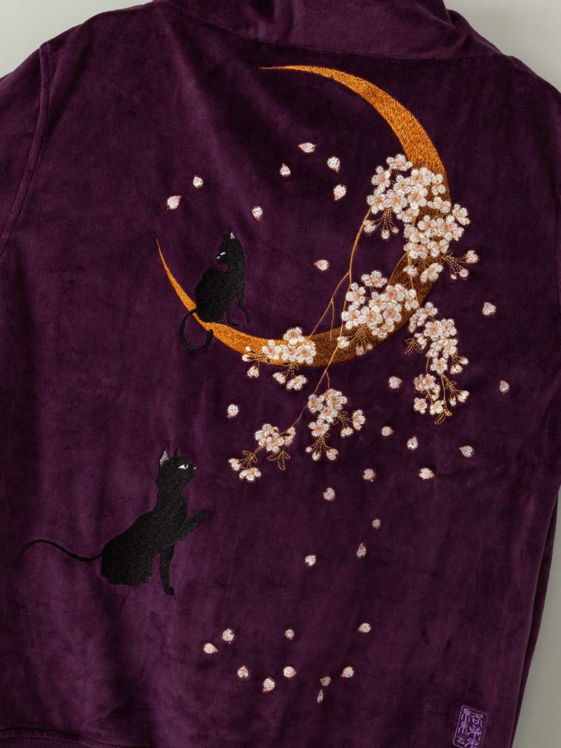 【絡繰魂】“月夜桜の猫”ベロア素材ボリュームネックジャケット〔別注〕