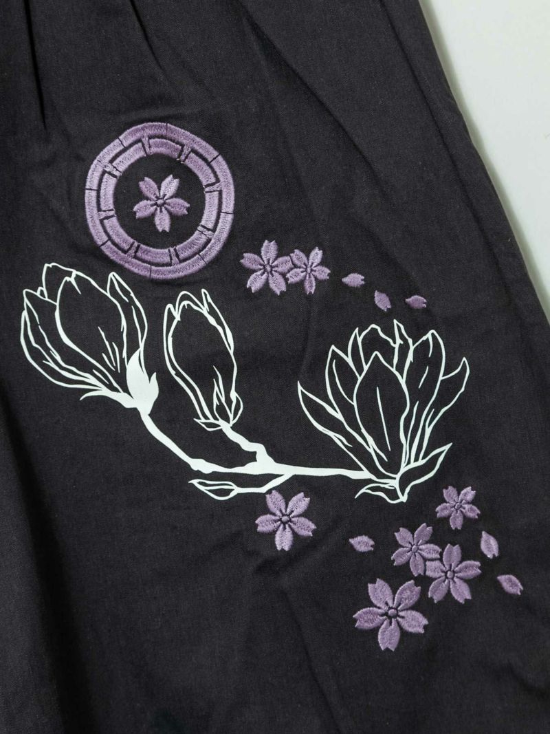 【雅結】木蓮と桜刺繍 ツイル素材ガウチョパンツ