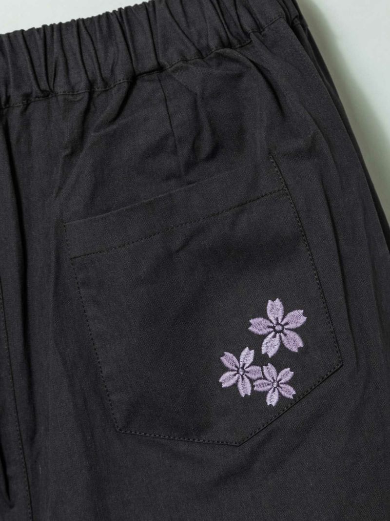 【雅結】木蓮と桜刺繍 ツイル素材ガウチョパンツ