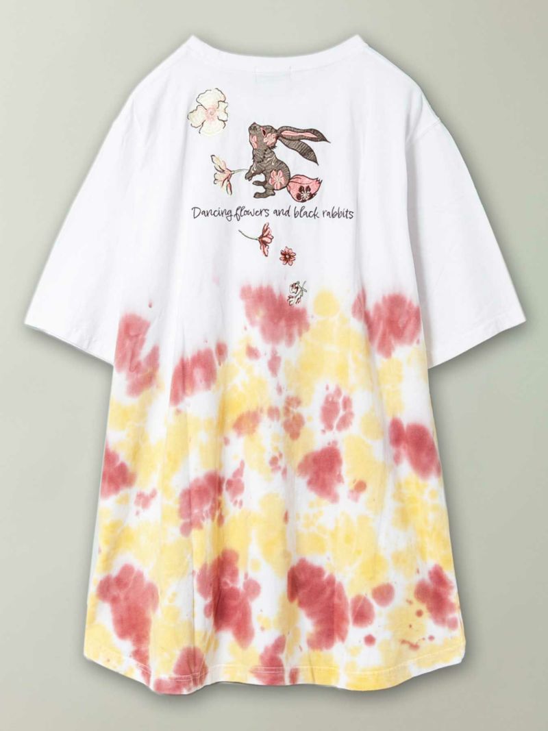 【黒菟華】“グラデーション花柄”総刺繍タイダイ染めチュニックTシャツ