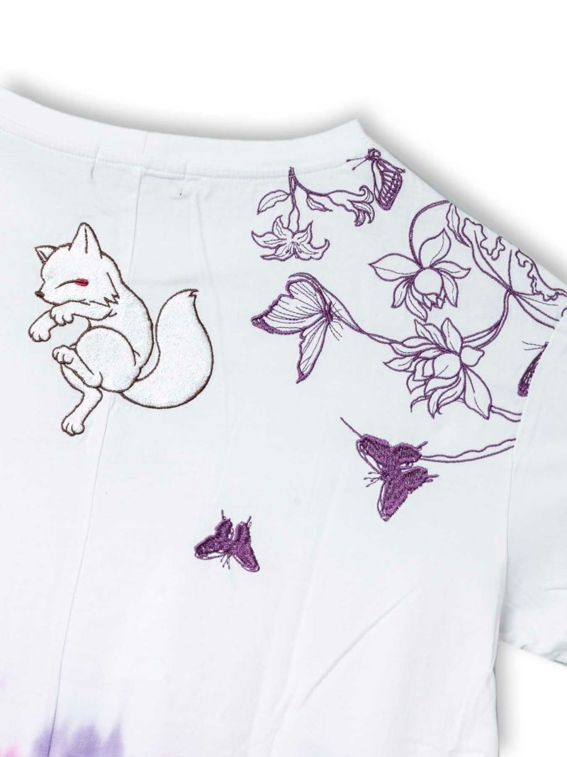 【今昔 -KON-JAKU-】“細線花と狐”総刺繍タイダイ染めチュニックTシャツ