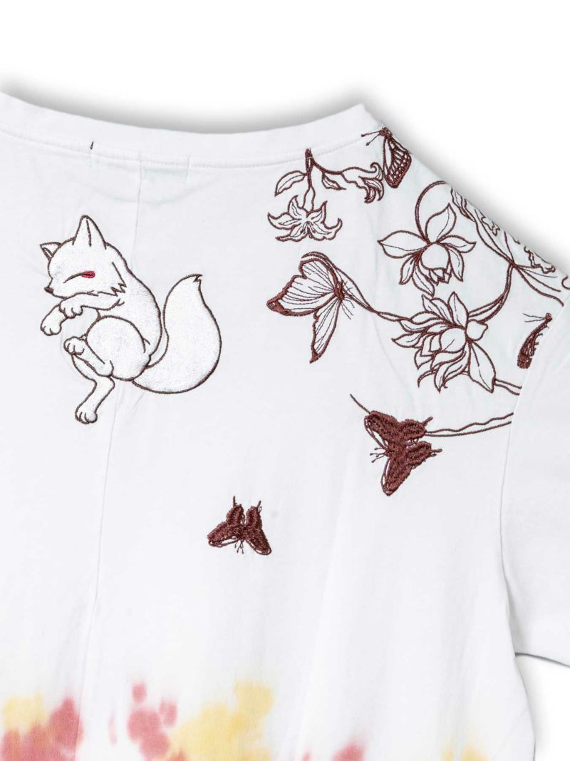 【今昔 -KON-JAKU-】“細線花と狐”総刺繍タイダイ染めチュニックTシャツ