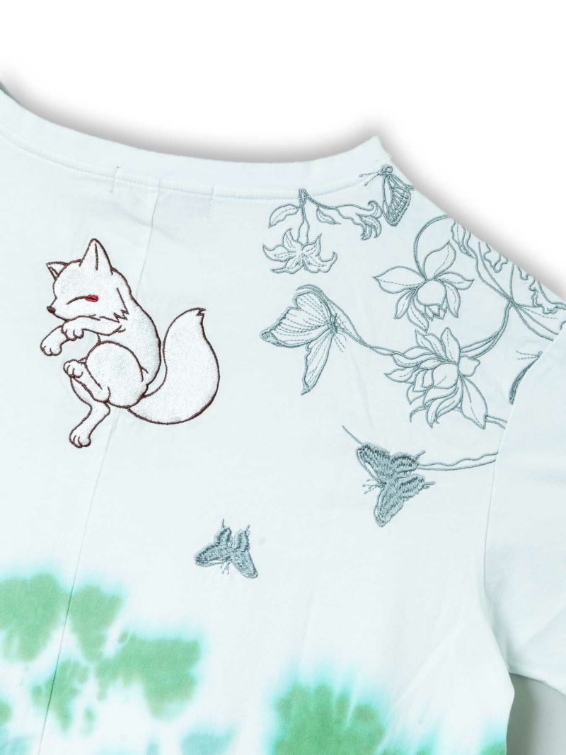 【今昔 -KON-JAKU-】“細線花と狐”総刺繍タイダイ染めチュニックTシャツ
