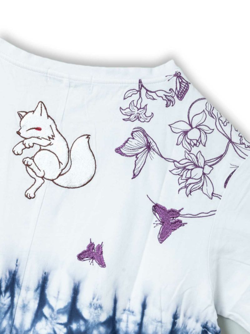 【今昔 -KON-JAKU-】“細線花と狐”総刺繍タイダイ染めチュニックTシャツ