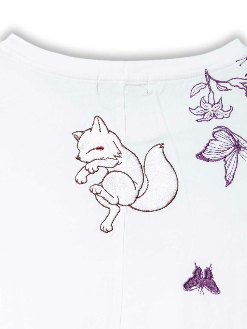 【今昔 -KON-JAKU-】“細線花と狐”総刺繍タイダイ染めチュニックTシャツ