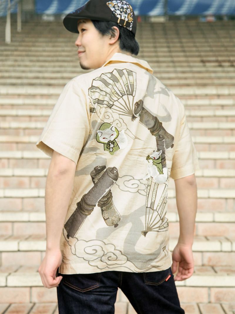 【今昔 -KON-JAKU-】“忍々狐”刺繍入り半袖開襟シャツ