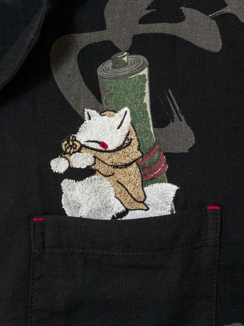【今昔 -KON-JAKU-】“忍々狐”刺繍入り半袖開襟シャツ