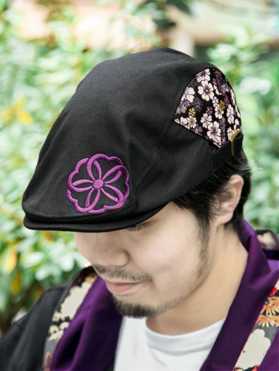 ≪20%OFF≫【雅結】<br>桜家紋刺繍入り 金襴遣いハンチング≪返品・取寄対応不可≫