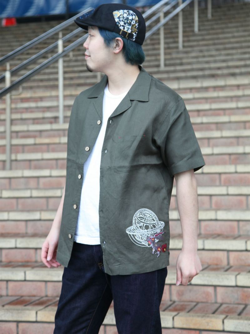 【黒菟華】“アストロラーベ”総刺繍 麻素材半袖シャツ