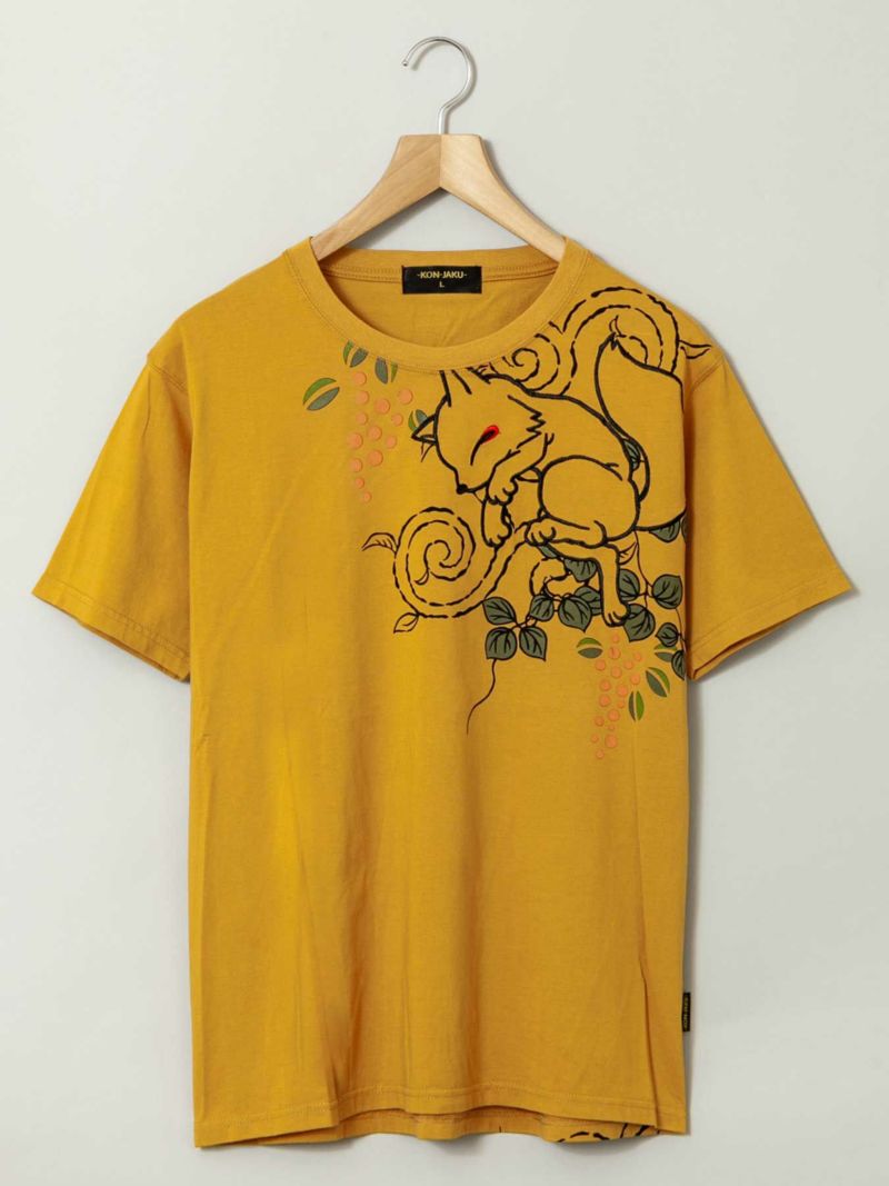 【今昔 -KON-JAKU-】“こんぎつねと南天唐草”刺繍入りプリントTシャツ