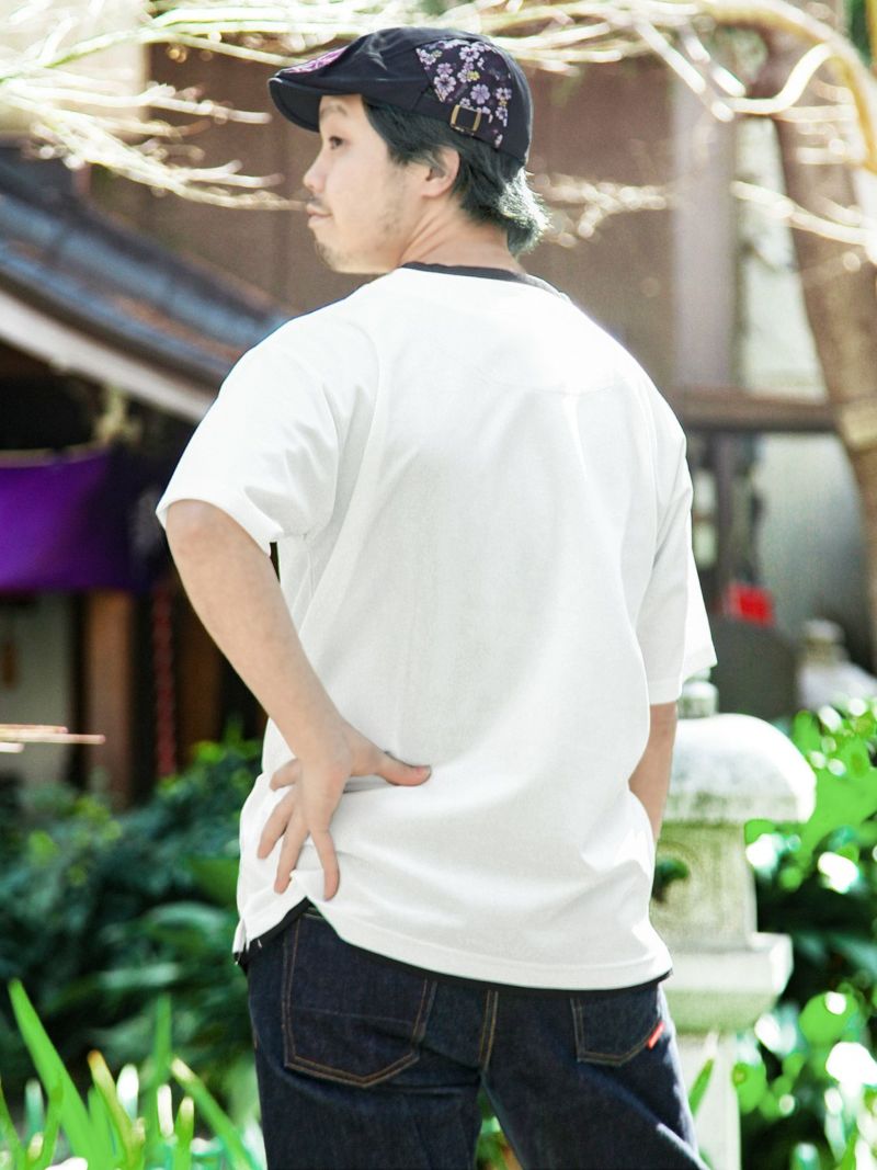 【雅結】桜家紋刺繍フェイクレイヤード梨地素材 キーネックTシャツ