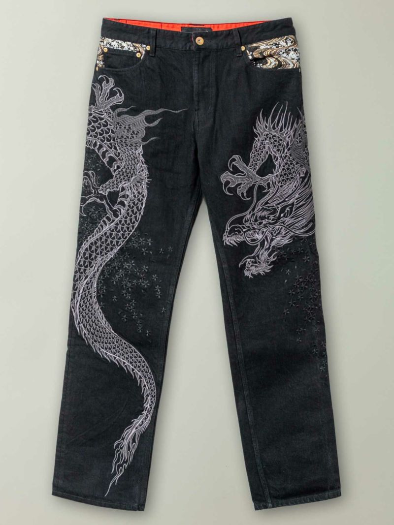 【絡繰魂・粋】“巻龍”総刺繍 金襴切替デニムパンツ〔別注〕