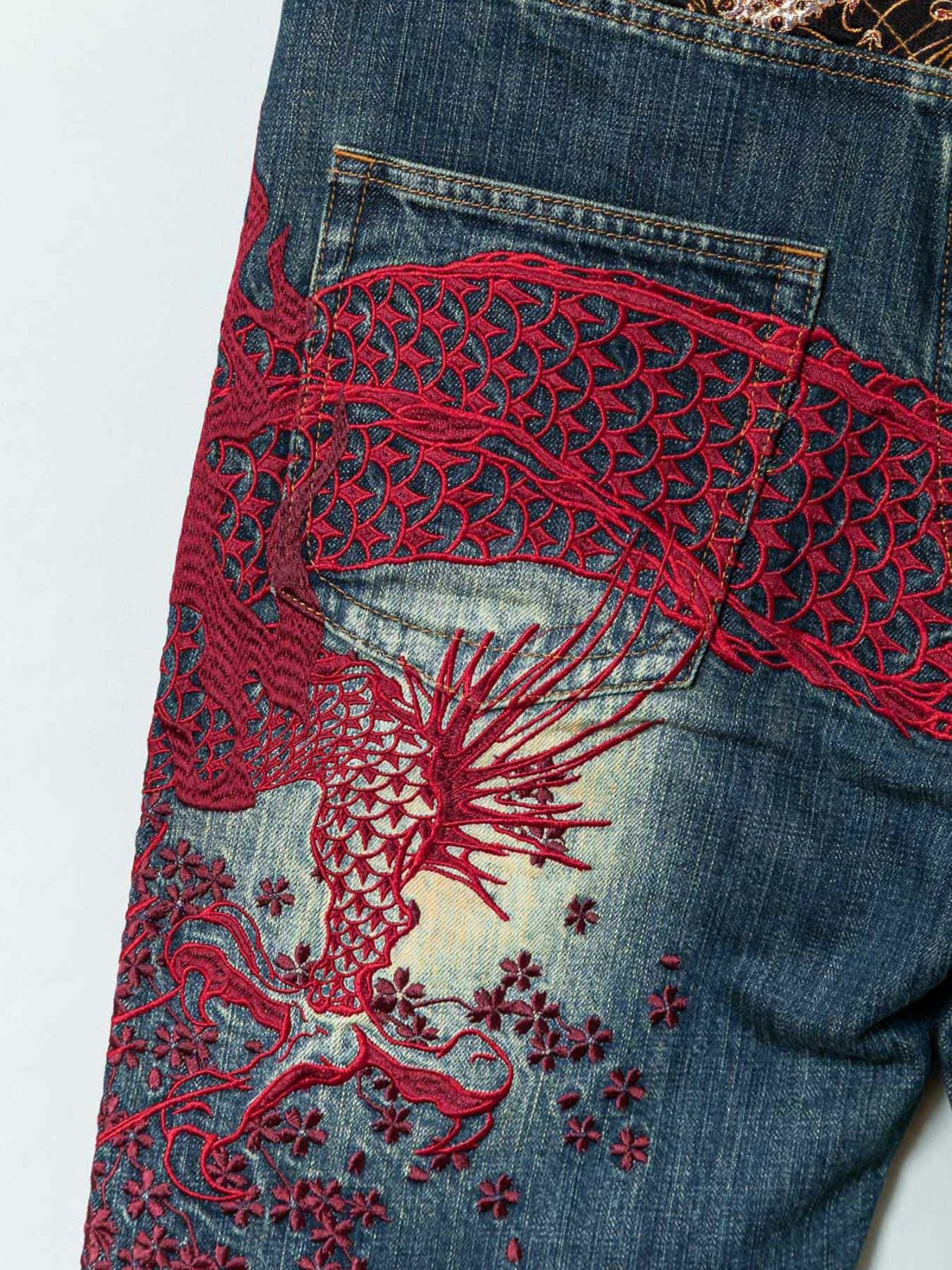 【絡繰魂・粋】“巻龍”総刺繍 金襴切替デニムパンツ〔別注〕