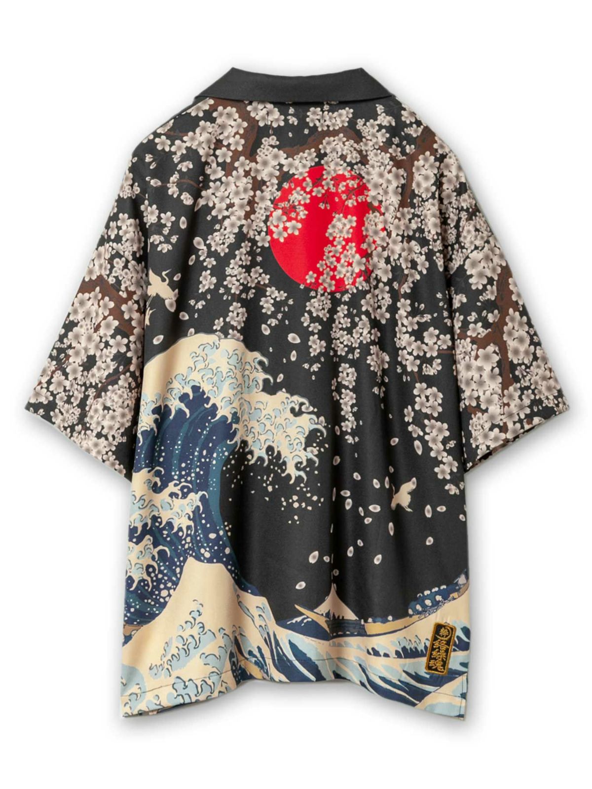 【絡繰魂・粋】“黒檀 荒波桜”鬼ちりめん生地アロハシャツ