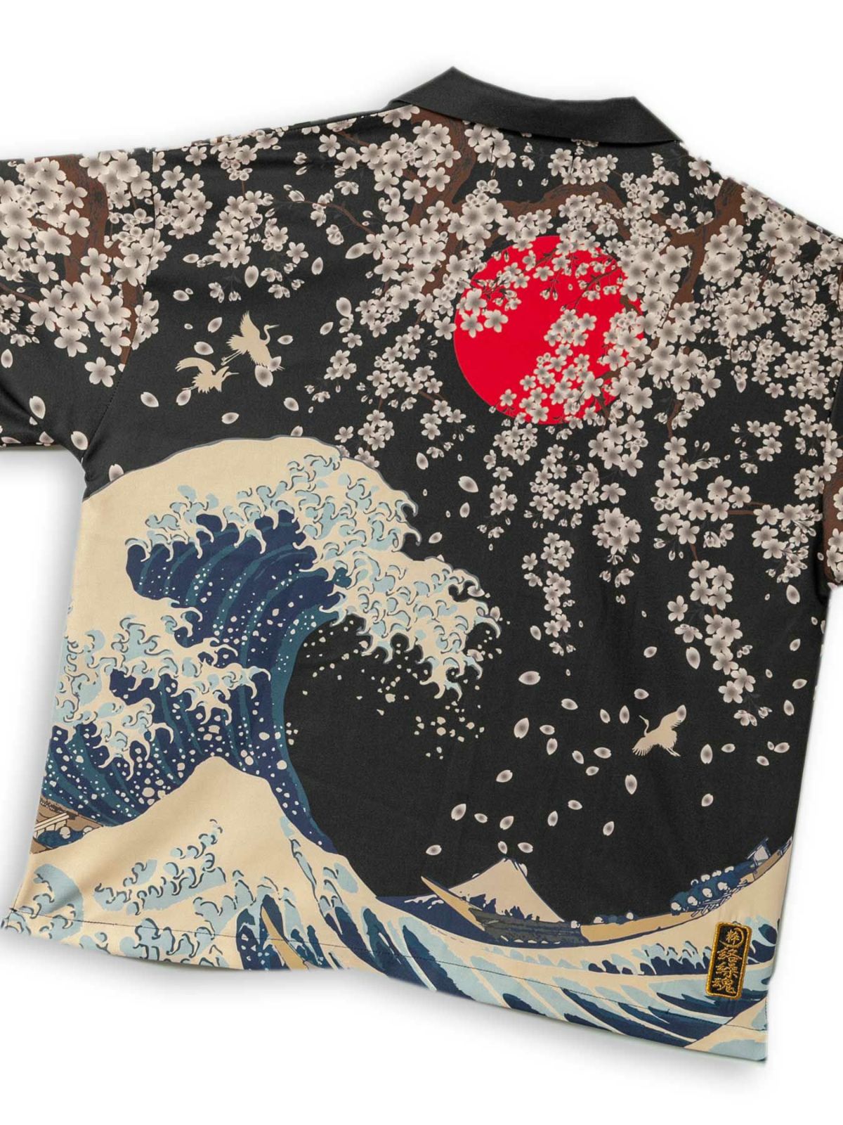 【絡繰魂・粋】“黒檀 荒波桜”鬼ちりめん生地アロハシャツ