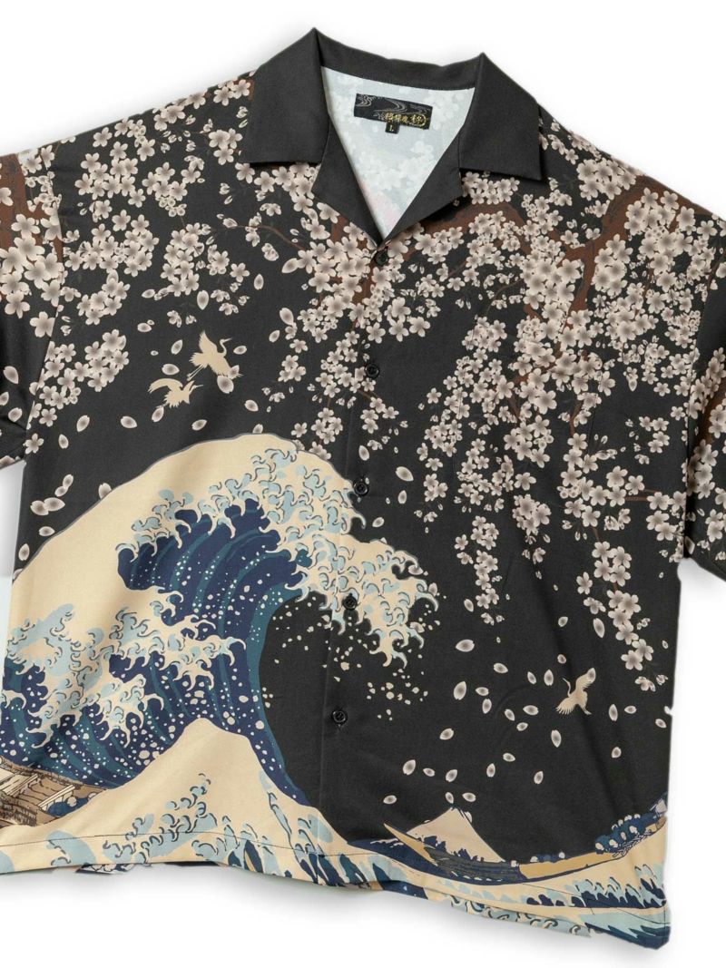 【絡繰魂・粋】“黒檀 荒波桜”鬼ちりめん生地アロハシャツ