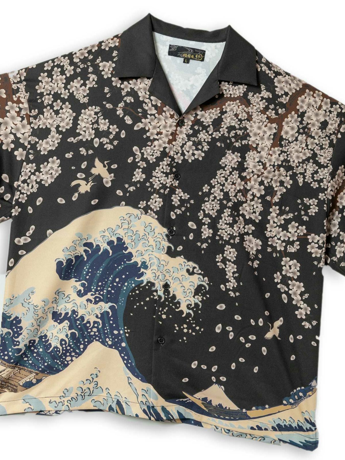 【絡繰魂・粋】“黒檀 荒波桜”鬼ちりめん生地アロハシャツ